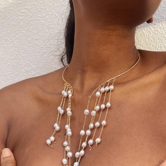 Dlouhý střapec Kovový otevřený choker Hvězda Imitace perlových korálků Střapec Límec Klíční kost Řetízek Náhrdelník Hrudník Tělové šperky pro ženy