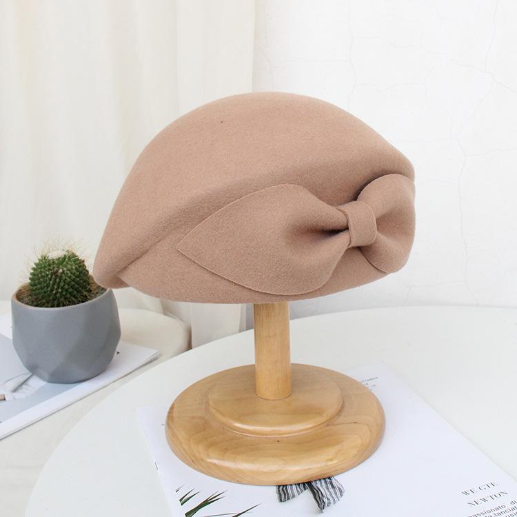 Hat Female Shape Felt Hat Autumn And Winter Wool Beret Elegant Solid Color Bow Stewardess Hat
