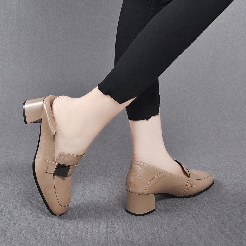 Temperament square head spring new simple thick heel square buckle first layer cowhide two wear deep mouth women's single shoes