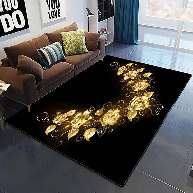 Goldene Rose Blumenteppich Für Zuhause Schlafzimmer Wohnzimmer Sofa Tisch Dekor Weicher Teppich Küchenbodenmatte 3D-Druck Blumenmuster Fußmatte