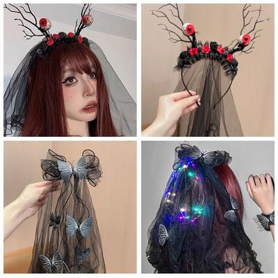 Luminous Halloween Hairband Veils Ghost Mesh Hair Band Fashion Halloween Hair Hoop  Cosplay