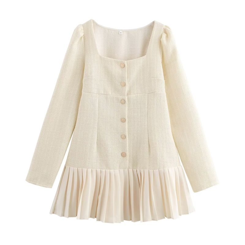 Kaslead New Arrival Women's Clothing Fashion Style Fashion Minimalist French Square Collar Elegant Pleated Patchwork Dress