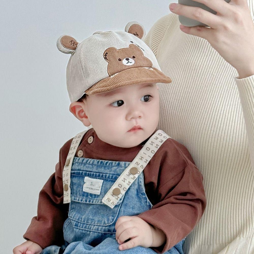 Chapeau seau en coton doux pour bébé à large bord avec ours de dessin animé Chapeau de soleil pour bébé Kawaii Protection solaire Casquette plate pour nouveau-né Bambin