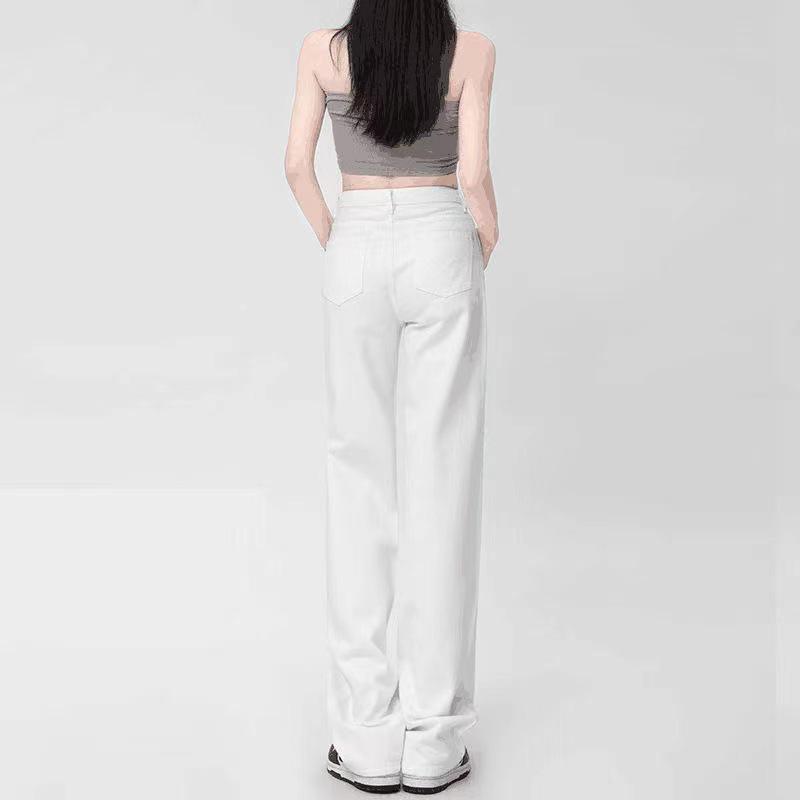 White Women's High-Waisted Wide-Leg Jeans - Slimming Petite Straight Floor-Length Pants for Summer