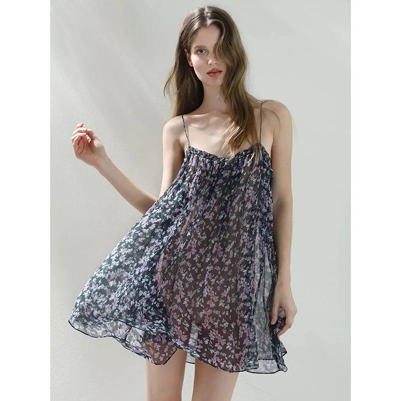 Women s Floral Print Chiffon V-Neck Sleeveless Slip Mini Dress M чёрный
