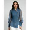 Womens Stand Collar Denim Shirt Mesh Patch Button Fitted Long Sleeve Top
