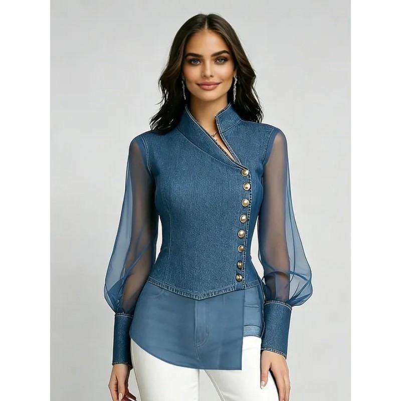 Womens Stand Collar Denim Shirt Mesh Patch Button Fitted Long Sleeve Top