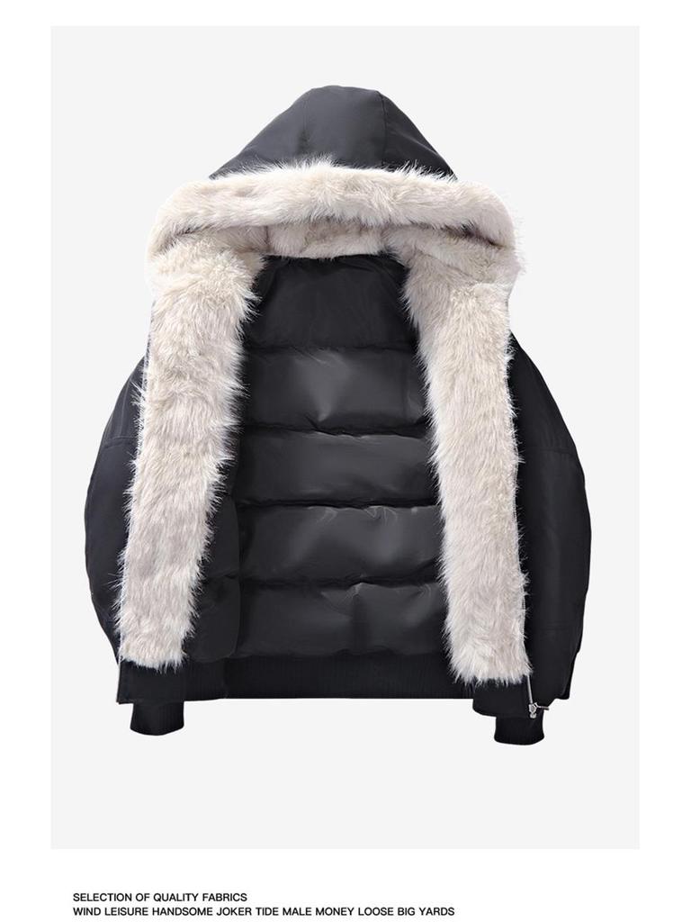 Jaqueta de Neve Masculina Retro com Capuz, Estampa Leopardo das Neves, Gola de Pelo Genuíno, 90% Penugem de Pato, Estilo Curto para Exterior.