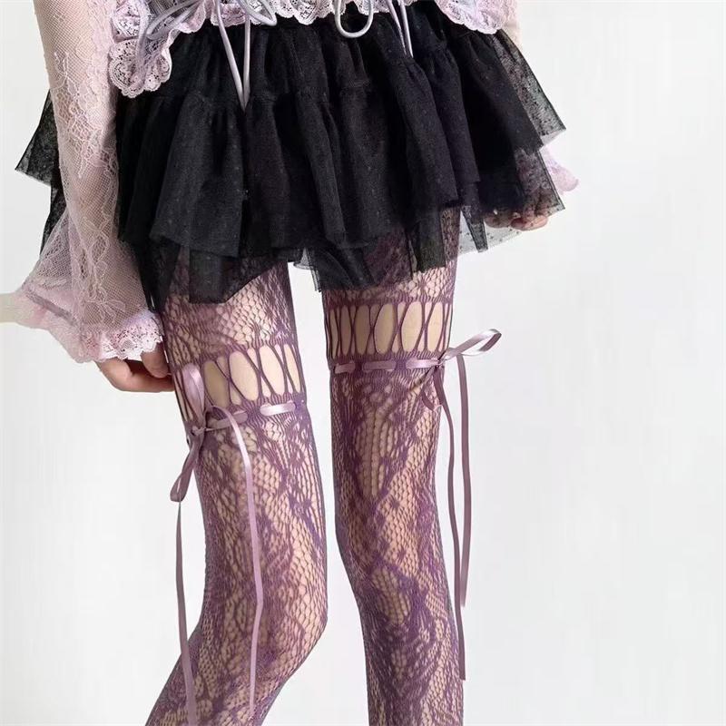 New Design Bow Tie Strap Lace Tights Women Sexy See Through Mesh Sheer Fishnet Stockings Jk Uniform Bottoming Pantyhose