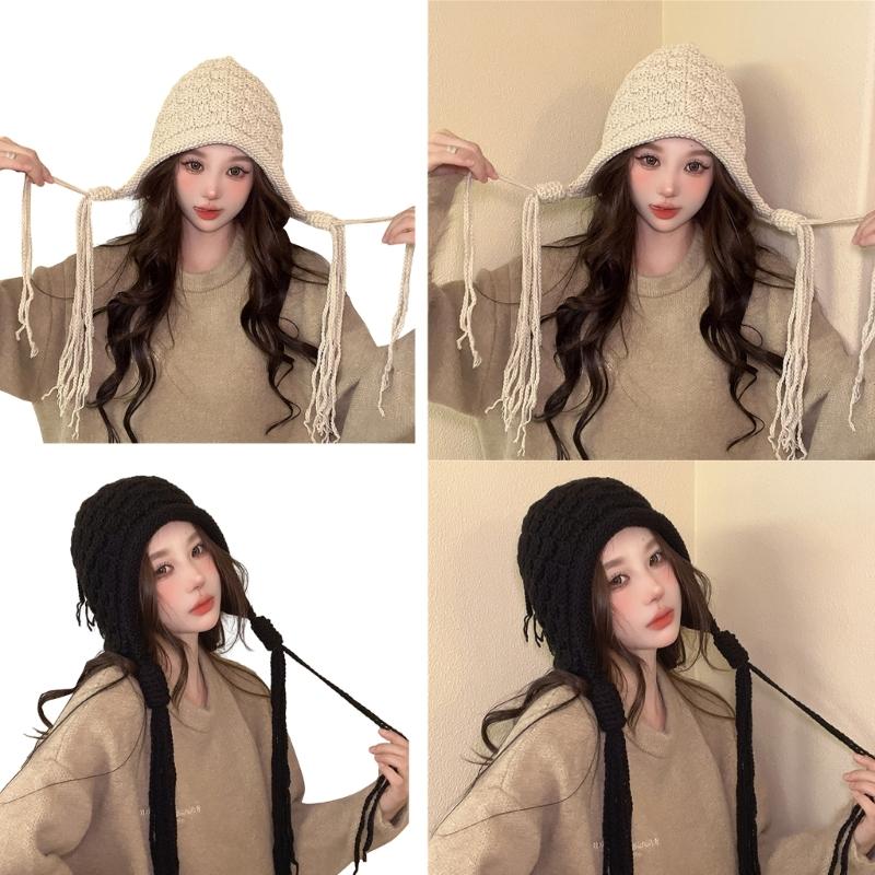 Handmade Fringed Braids Hat Y2K Sweet Girl Warm Beanie Hat InsStyle Bonnet Winter Autumn Skull Hat Pullover Earflap Hat