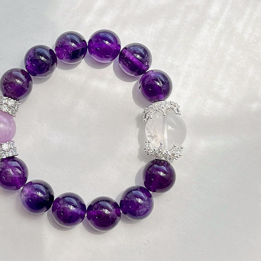 12Mm High Quality Royal Grape Purple Natural Amethyst Purple Lithium White Crystal Bracelet