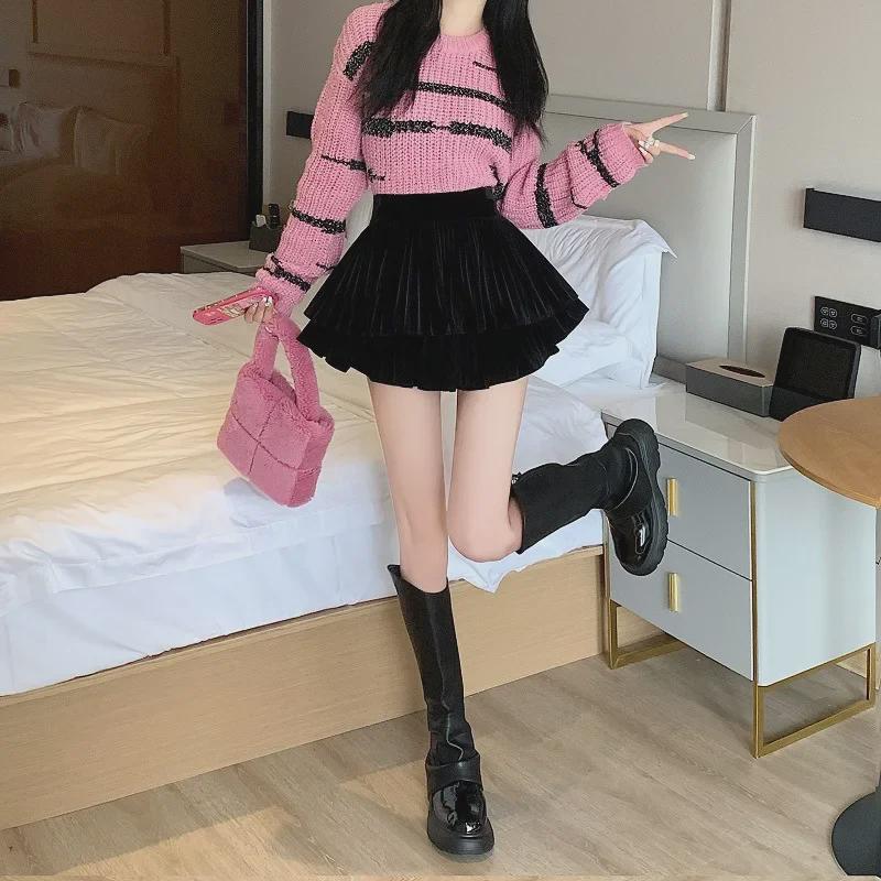 Plissierter Samtrock - Damen High Waist Cake Design für Frühling, Herbst und Winter 2023