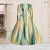 Women Plus Size V Neck Long Sleeve Green Yellow Printed A Line Midi Dress With Belt
