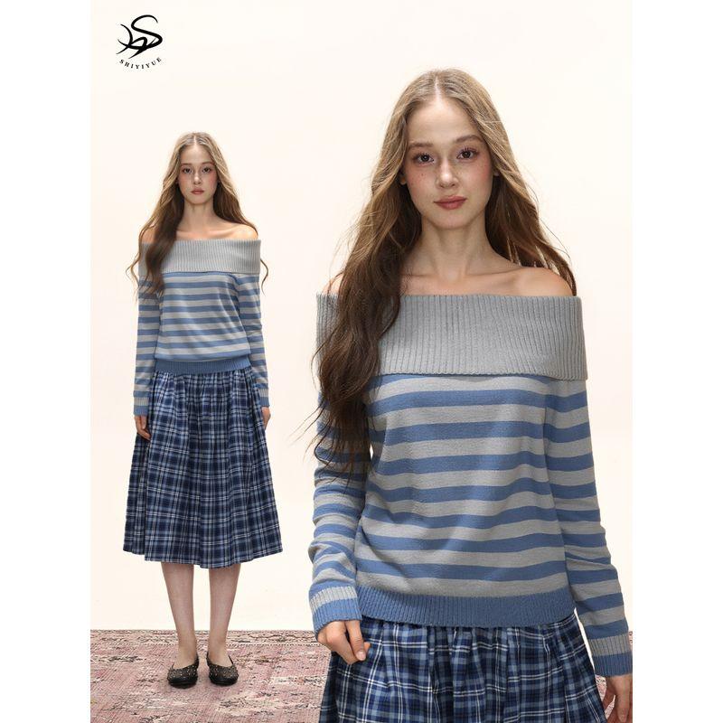 Shiyiyue American-Style Color-Block Striped Knit Sweater for Women, Autumn and Winter Design, Loose Off-Shoulder Versatile Top