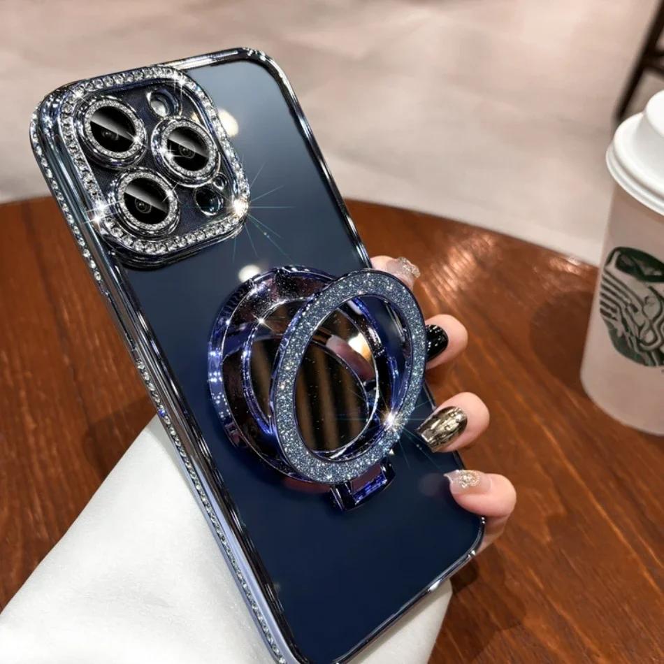 High Grade Mirror Stand Glitter Rhinestone Phone Case For iPhone 15 14 11 12 13 16 Pro Max 15 Plus Magnetic Clear Protect Cover