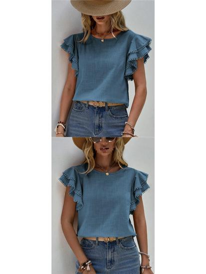 European & American Women's Casual Summer Round Neck Ruffle Batwing Short Sleeve Top
