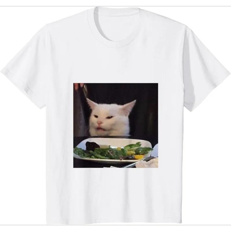 

Funny TShirt Smug White Cat At Dinner Table Meme Shortsleeved Korean Style Versatile Fashionable for Unisex Women Black White S