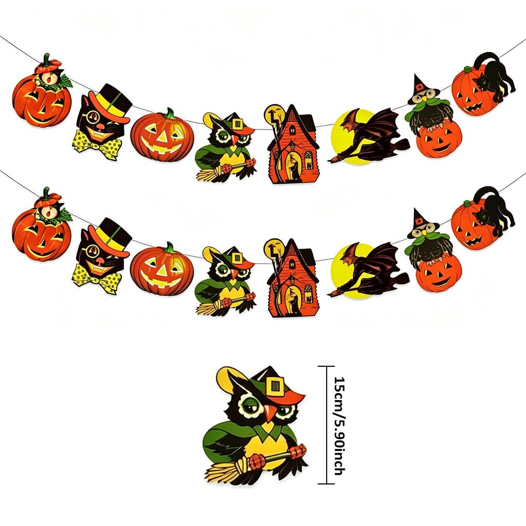 Vintage Halloween Paper Banner Retro Pumpkin Black Cat Haunted House Garland For Home Wall Mantel Fireplace Party Decorations