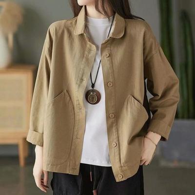 2023 Women's Art Retro Loose Shirt Coat Spring Autumn Versatile Single Breasted Twill Cotton Solid Pocket Simple Design