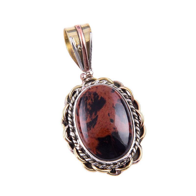 Natural Mahogany Obsidian Gemstone 925 Solid Silver Two Tone Pendant 1.50" F0Z07