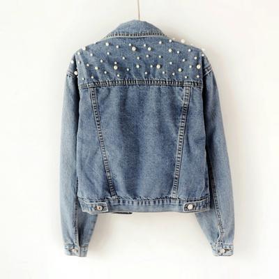 Denim Jackets - Women's Loose Light Blue Rhinestone Beaded Denim Jacket, Plus Size Oversized Jean Coat For Students