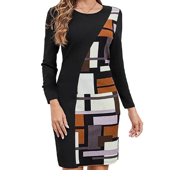 2024 Damen Frühlingskleid Farbblock Geometrischer Patchwork Rundhals Langarm Lockerer Pullover Weich Über Knie Länge Lässig Alltag Mini Kleid