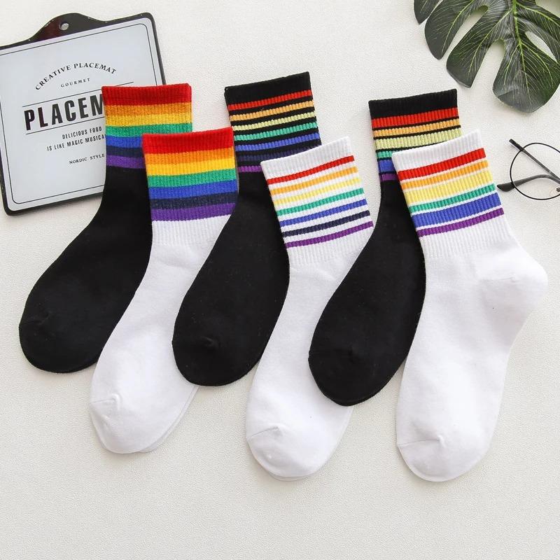Instime Unisex Stripes Mid Men Socks Harajuku Colorful Funny Socks Men 1 Pair Kawaii Rainbow Color