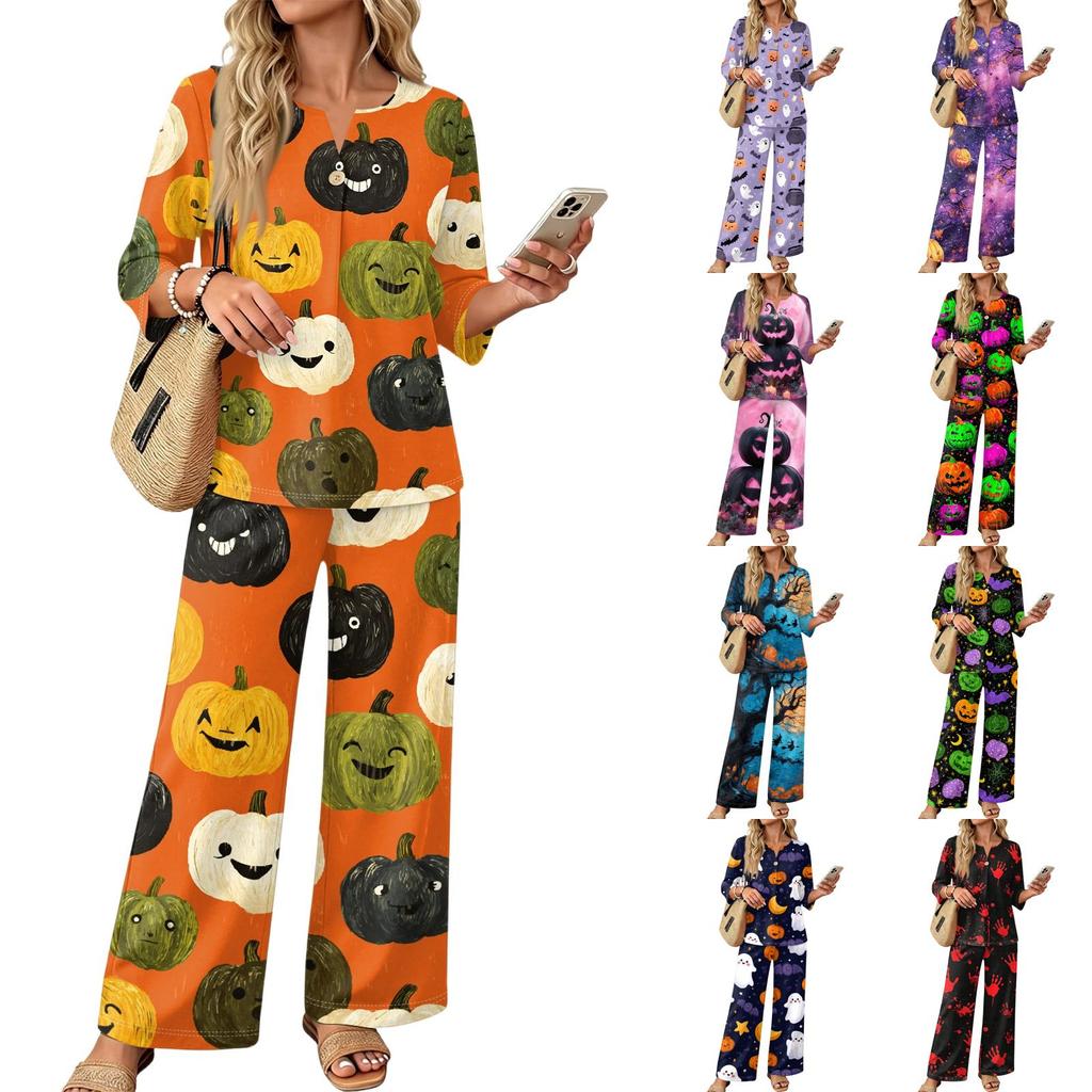 Women's Casual Printed 3/4 Sleeve Button Down Top and Wide Leg Pants 2 Piece Set