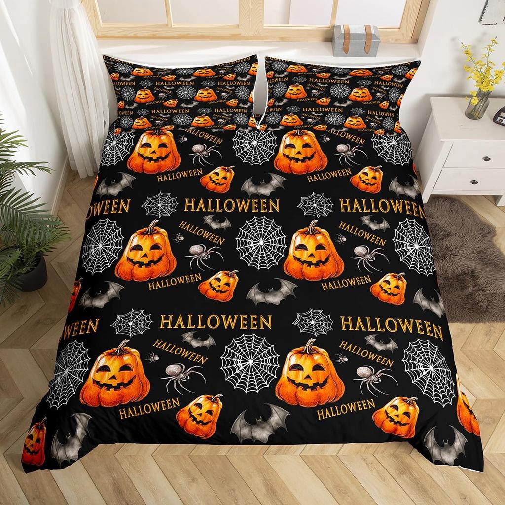 Comforter Happy Halloween Ghost Full Bedding Set For Boys Girl Spider Bat Black Cat Print Comforter Trick Or Treat Theme