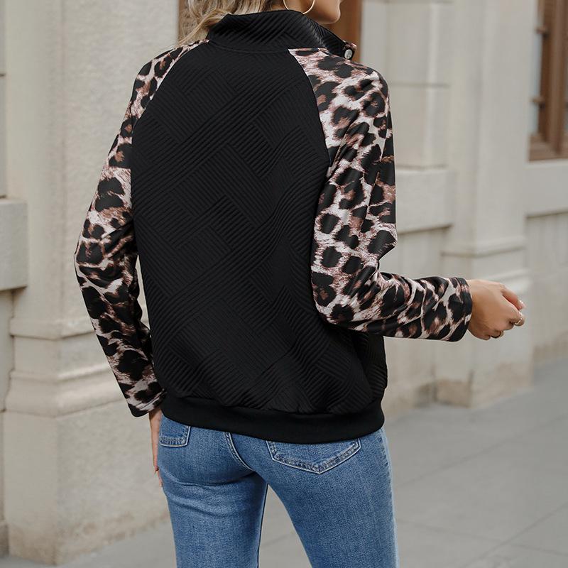2026 Autumn Cross-border Casual Leopard Print Button-up Patchwork Hoodie