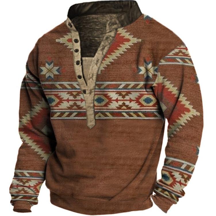 Ethnic Tribal Print Long Sleeve Polo, Vintage Casual Style