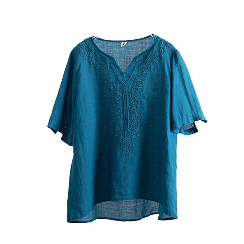 Women's Retro V-Neck Cotton Linen T-Shirt – Summer 2024 Short-Sleeve, Loose Fit, Solid Color.