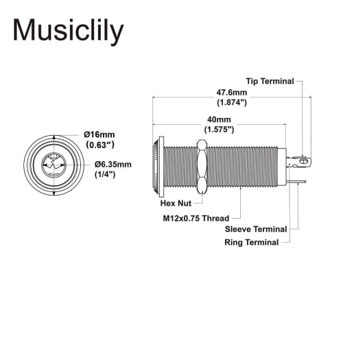 Musiclily Pro 1/4" To 6.35mm Mono Jack, Cylinder Type Direct Jack for Electric Guitar/Bass, Chrome