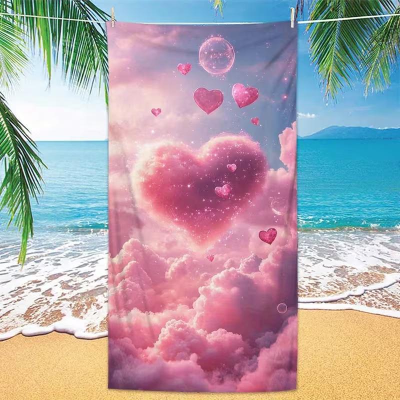Dreamy Cloud Glitter Heart Beach Towel Magical Pink Sky Design Towel Summer Beach Pool Holiday
