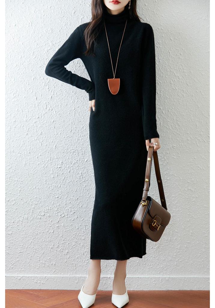Women's 100% Wool High Neck Over-the-Knee Slimming Dress - Autumn/Winter 2025 Collection
