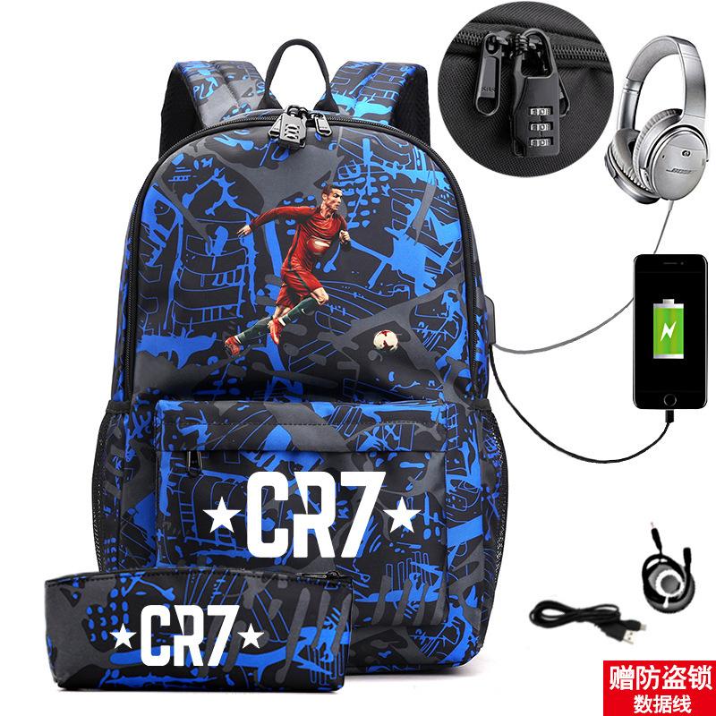 Star Peripheral Printing Cr7 Schoolbag Leisure Travel Multi-Functional Backpack Student Pencil Case Two-Piece Set