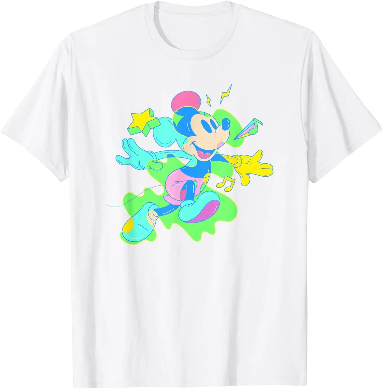 New Disney Mickey and Friends Colorful Neon Mickey Chest Logo Fashion Casual T-Shirt S-4XL Four Seasons L