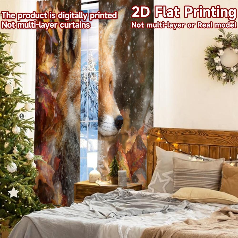 2 Stück, 2D-FLACHDRUCK Vorhänge (Ohne Stange) Herbstfuchs(4) Weihnachtsfest Kreative Vorhänge Vielseitige Polyestervorhänge