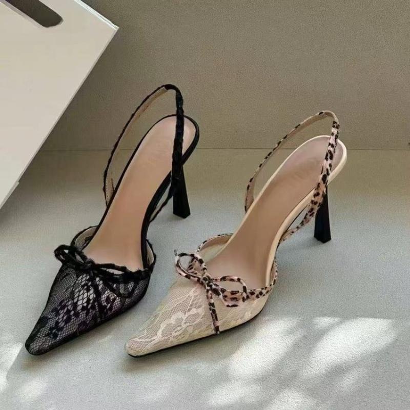 Embroidered Lace Bow Heels Stiletto Pointed Toe Sexy Non-Slip Wear-Resistant Wrapped Toe Sandals