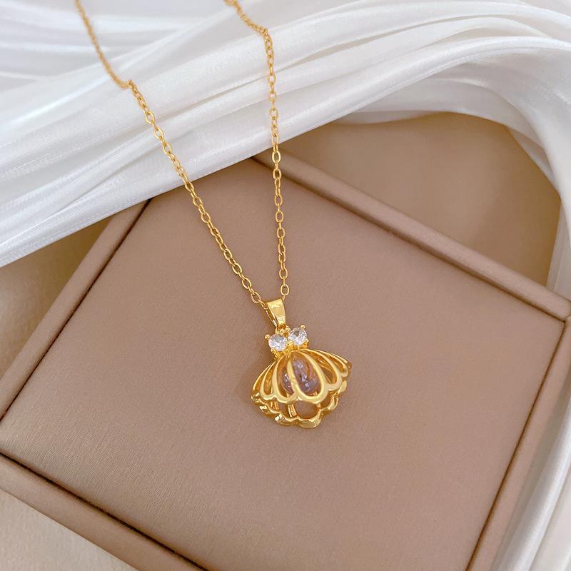 Empty Shell Containing Beads Light Luxury Temperament Gorgeous Full Diamond Necklace Versatile Collarbone Chain Titanium Steel Chain