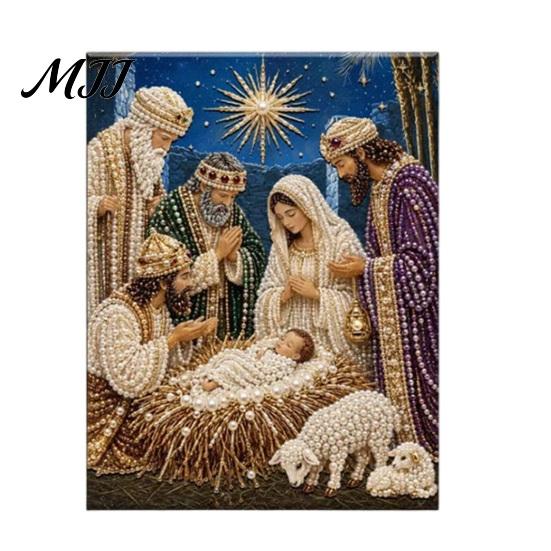 Nativity Craft for Adults Faux Pearl Art Kit, Holy Family Painting DIY Catholic Prayer Corner Decorations 3D Religious Set Adults, Home Christmas Wall