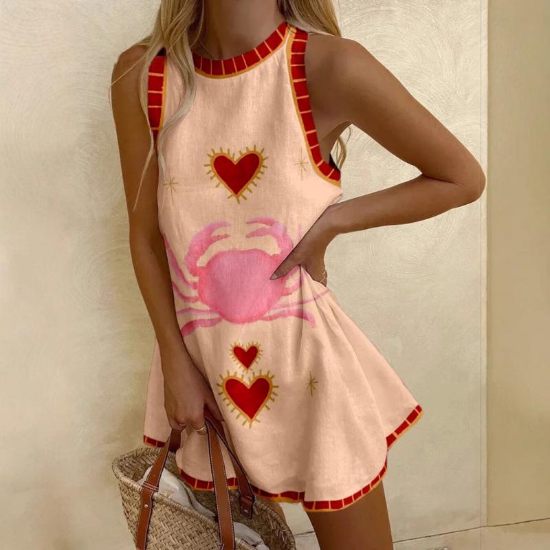 2025 European & American Printed Linen Sleeveless Mini Dress for Women
