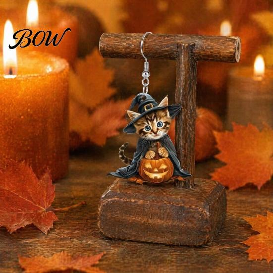 Curved Ear Hooks 1 Pair Halloween Witch Cat Earrings for Women, Acrylic Cute Hang Tag Kitten Dangle Drop with Pumpkin, Party Costume Accessories