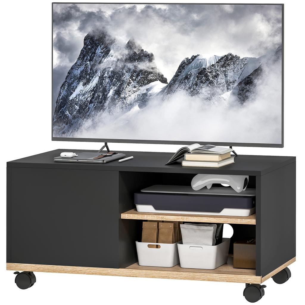 TV Stand On Casters with Brakes, TV Cabinet with Cupboard and Adjustable Shelf, Black and Oak