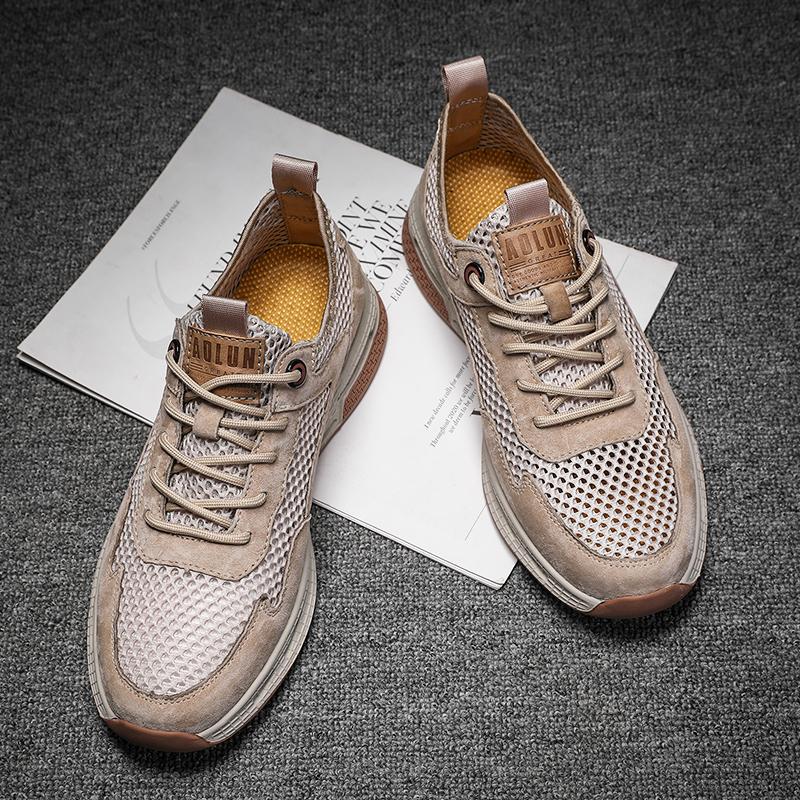 Fashion Men Breathable Mesh Top Layer Pigskin Casual Shoes Fashion Patchwork Men Sneakers Summer Man Comfortable and Soft  Walking Shoes