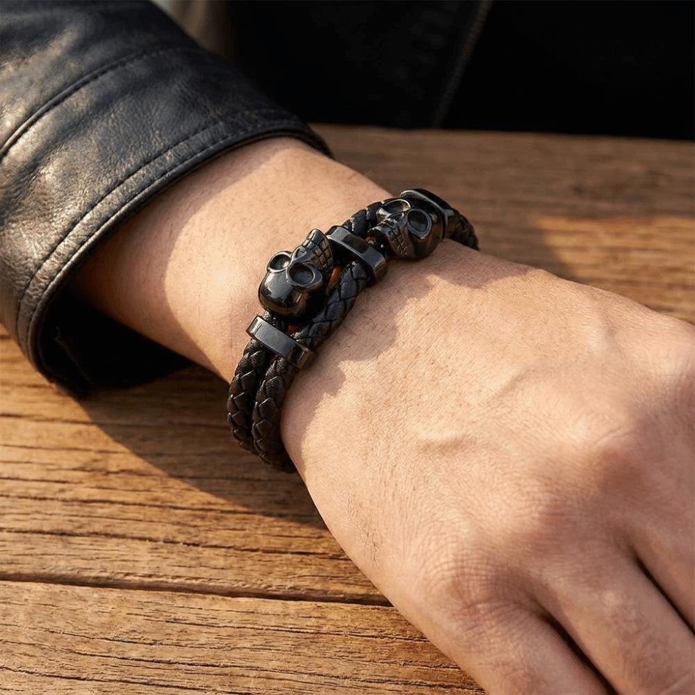 Punk Style Leather Braided Bracelets Unique Magnetic Hand Chain Gothic Skull Wristband Anniversary
