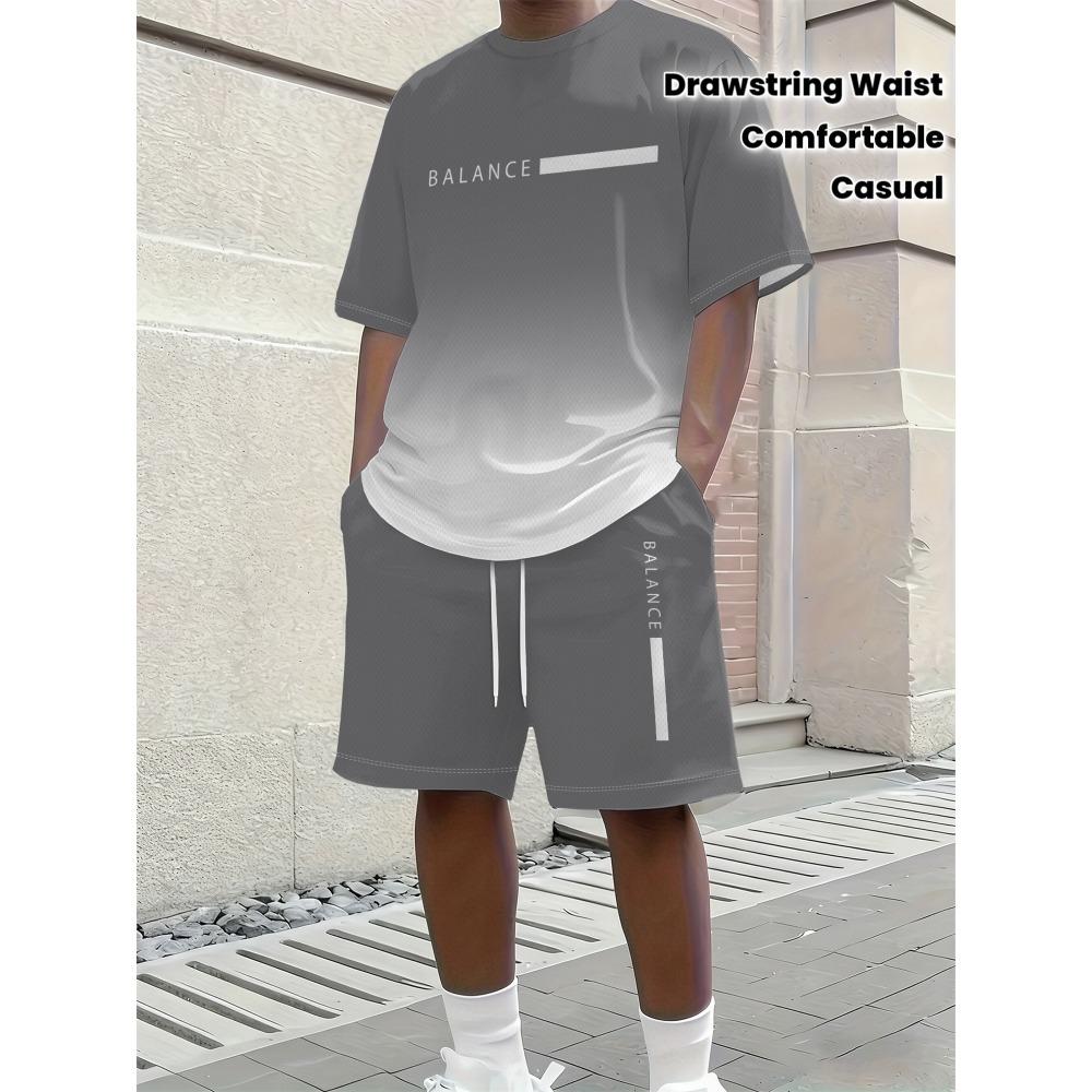 Men s round neck short sleeved casual T-shirt and drawstring waist shorts set 2XS