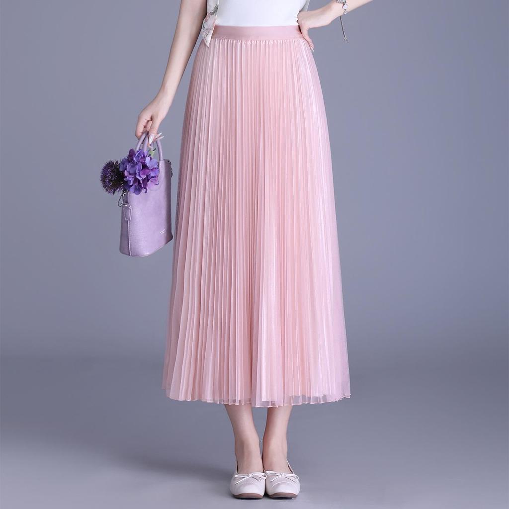 Solid Color High-Waisted Pleated Lurex Mesh Midi Skirt