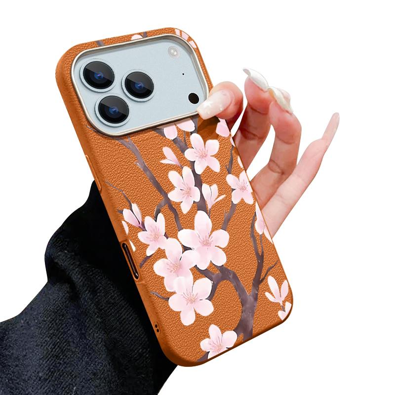 Hand-drawn Style Sakura Pattern Case For iPhone 17 Pro Max Leather Texture Soft Silicone Cover For iPhone 16 15 14 13 Pro 12 11 16E Air