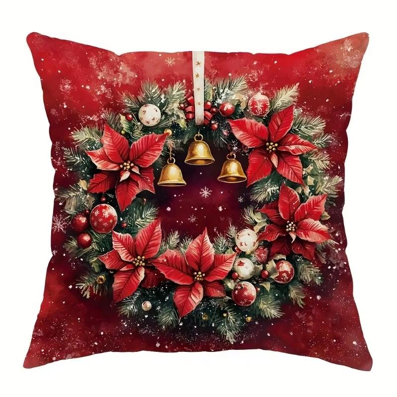Christmas Pillow Cover, Skin-Friendly, Santa Snowman Wreath Pattern, Holiday Sofa Decor